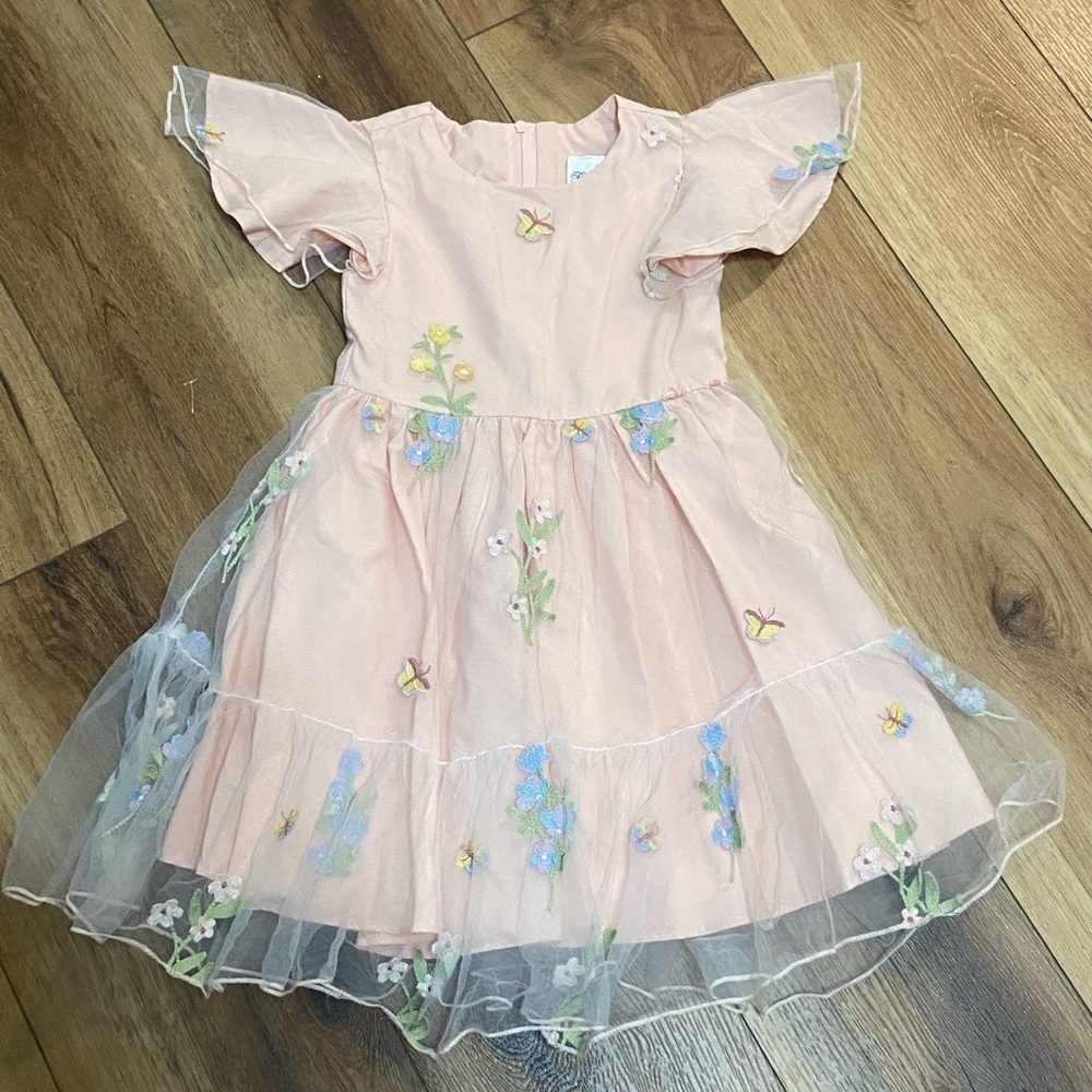 Rare Editions girls flutter sleeve sheer overlay floral embroidered dress 4T - Picture 3 of 8